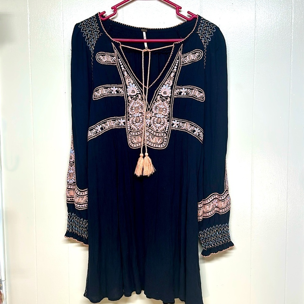FREE PEOPLE Wind Willow Mini Dress River Skies. Embroidered,Tassels